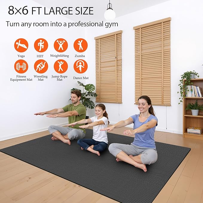 VTORY Extra Thick Large Exercise Mat, 6'x4'/7'x5'/8'x6'/10'x6'x8mm(1/3 inch) , Non-Slip, PVC, Ultra Durable, Heavy-Duty Mat, Shoes-Friendly, High-Density, Large Wide Yoga Mat, Workout Mat for Home Gym, Cardio, Strength, HIIT, MMA