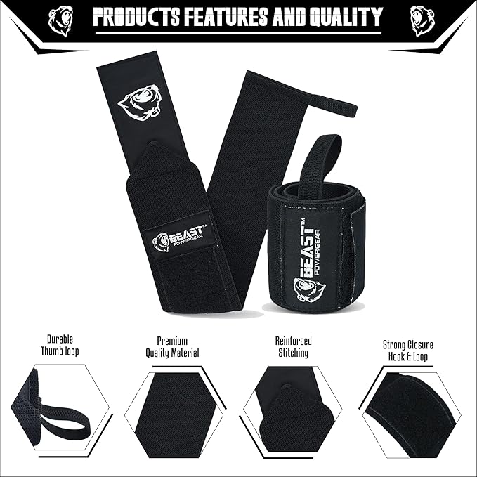 Beast Power Gear Wrist Wraps for Weightlifting 18” Premium Quality Wrist Support for Bodybuilding Heavy Duty Thumb Loop Powerlifting, Strength Training for Men and Women