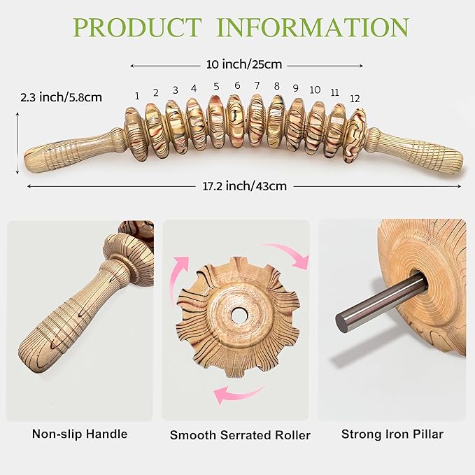 Wooden Curved Handheld Roller Massager Stick- 12 Rollers Wood Therapy Tool for Trigger Point, Fascia & Cellulite Reduction, Lymphatic Drainage, Muscle Tension Relief & Body Shaping (Wood Grain)