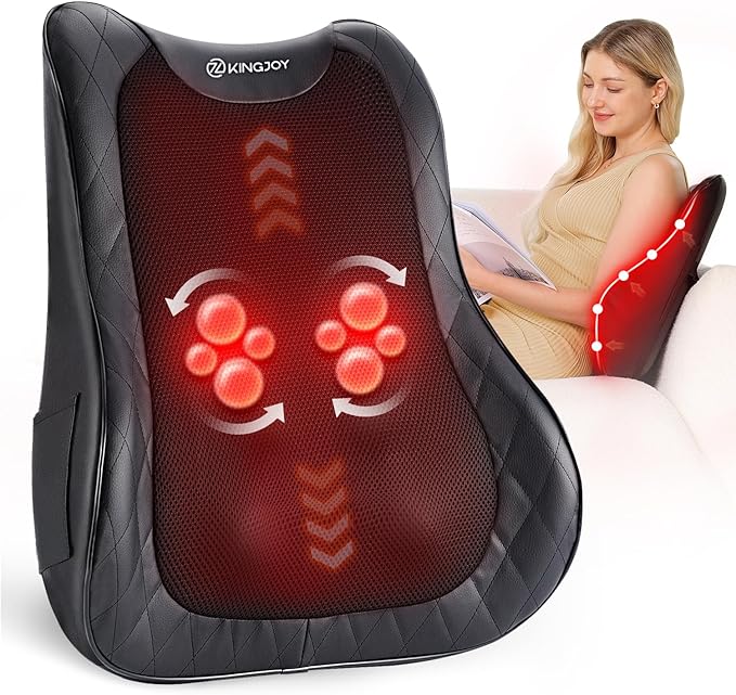 KINGJOY Back Massager for Pain Relief Deep Tissue, Full Back Massager with Heat, 3D Kneading Massage Pillow with 3 Intensities for Back, Neck, Shoulder, Spot Massage, Gifts for Women Man