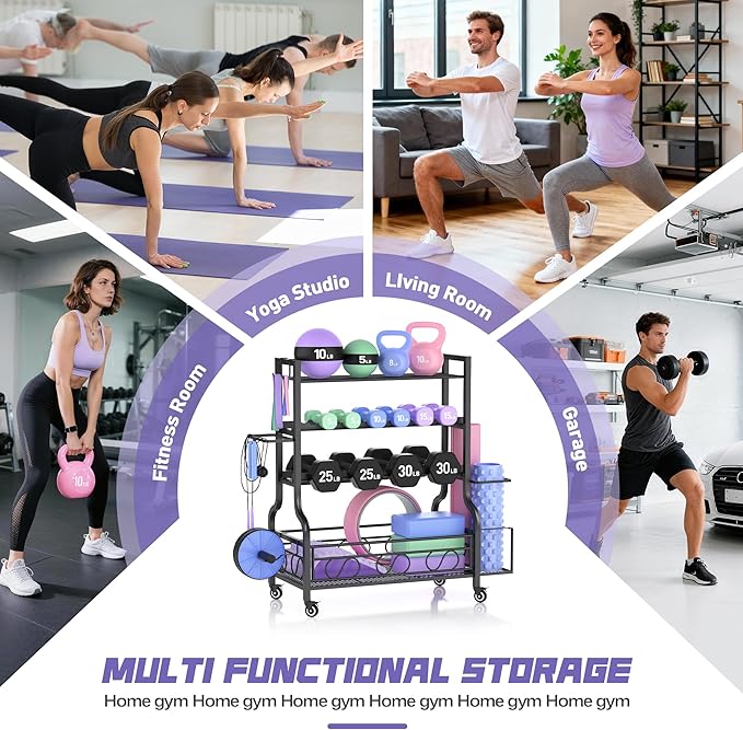 PARTPHONER Adjustable Dumbbell Rack, Weight Rack for Home Gym Storage, Home Gym Storage for Stores Dumbbells, Kettlebells and Yoga Mats, All in One Workout Storage Racks with Wheels and Hooks, Durable Powder Coated Steel