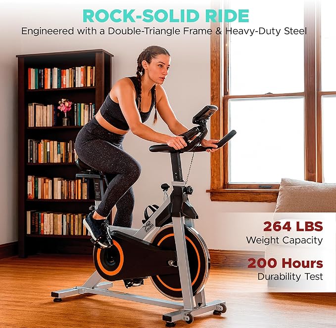 Stationary Exercise Bike for Home, Indoor Cycling Bike with Silent Belt Drive, Adjustable Seat & Resistance, LCD Display, iPad Holder, 264 LBS Weight Capacity