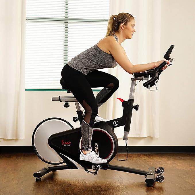 Sunny Health & Fitness Indoor Intensive Cycling Exercise Bike, Adjustable Cardio Training Exerciser w/Emergency Brake for Home, Optional Free SunnyFit App Bluetooth Link + Electromagnetic Resistance