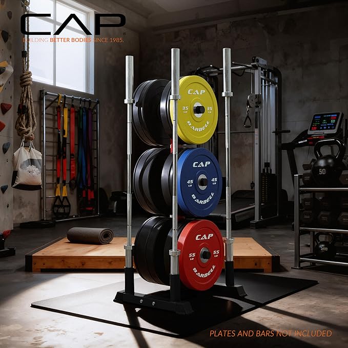 CAP Barbell Olympic Bumper Plate Tree Rack with Weight Plate Posts and Barbell Storage Holders – Multiple Options – Heavy-Duty Steel Gym Organizer for Olympic Plates and Bars
