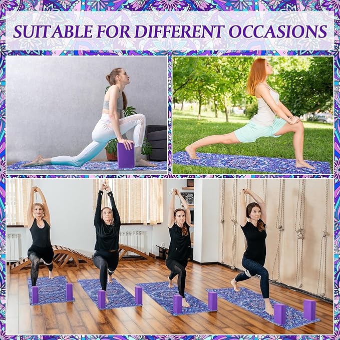 Tinideya 3 Pcs Yoga Mat Yoga Block with Carrying Strap Non Slip Yoga Mat Travel Yoga Mat for Exercise, Yoga, Fitness, Pilates, Floor Workouts, purple