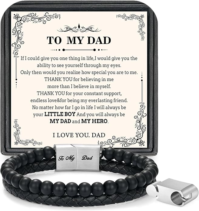 LUXEJEW Gifts for Men - Beaded Leather Bracelet 6mm Matte Agate Stone Bracelets for Men Dad Son Husband Boyfriend Grandpa Grandson Brother Uncle Nephew Adjustable Magnetic Clasp