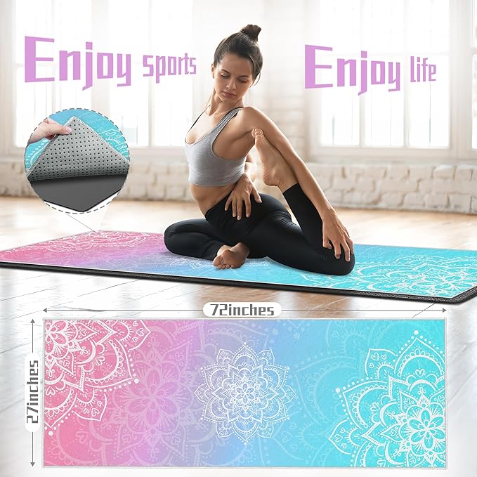 Yoga Towel,Absorbent Yoga Mat Towel for Hot Yoga Non Slip,Stylish Prints,Ideal for Workouts,Hot Yoga,Bikram,Pilates Equipment,72 x 27 in,Gradient Mandala