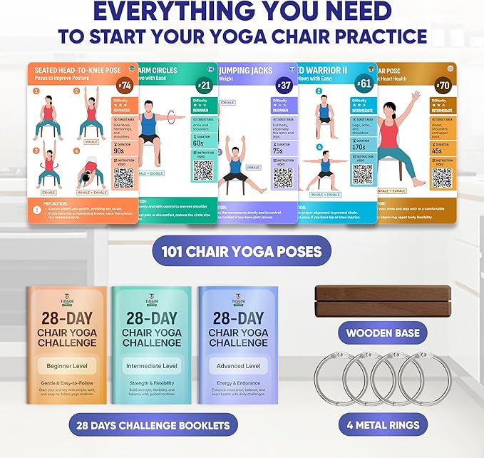 [100+ BIG CARDS] Chair Yoga for Seniors Over 60 - Chair Yoga Cards with Step-by-step Guides Full HD Videos, 28 Days Challenge for 3 Levels, Bonus 4 Rings & Wooden Base, Chair Exercises for Senior