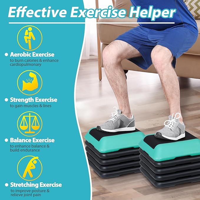 16" x 16" Adjustable Exercise Aerobic Step Platform Fitness Stepper with 4 Removable Risers 4'' - 6'' - 8''-10''-12'' Height for Home Gym Cardio Strength and Training