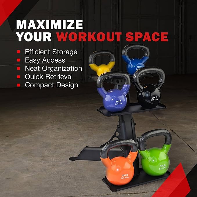 Body-Solid (GDKR50B) 3-Tier Kettlebell Rack - Compact, Durable Kettlebells Weight Stand for Home Gym, Fits 5-50 lb Kettle bells
