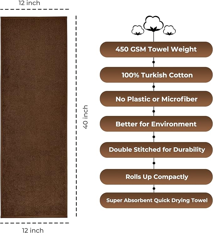 NUKURA 12” x 40” Gym Sweat Towel, 450 GSM, 100% Cotton, High Absorbency, Extra Soft & Quick Dry Workout, Yoga & Fitness Towel – Chocolate Brown