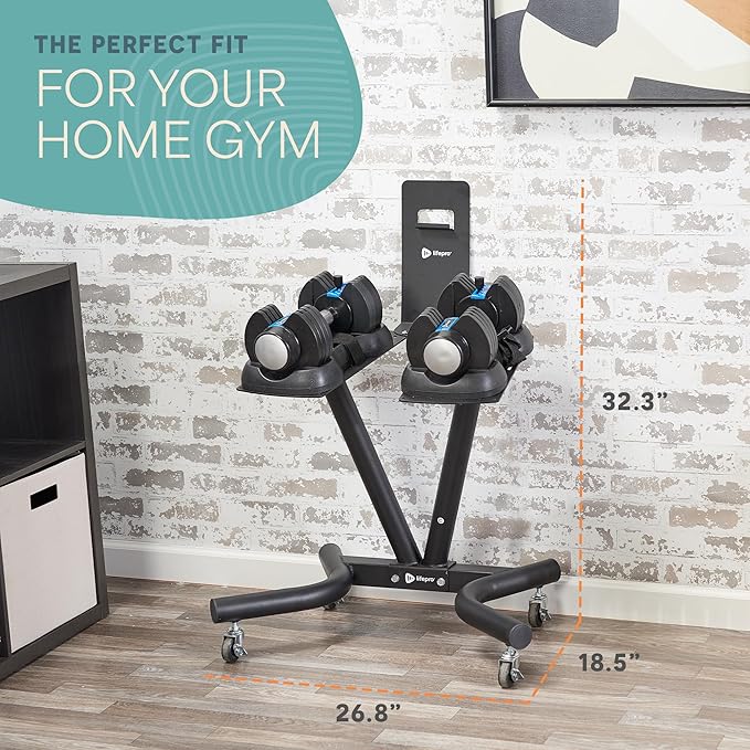 Lifepro Adjustable Dumbbell Stand with Wheels & Phone/Tablet Holder – Compatible with PowerFlow Plus, PowerUp Plus & Other Brands – Smart, Space-Saving Dumbbell Rack for Home Gym