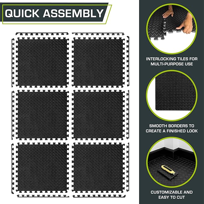 ProsourceFit Puzzle Exercise Mat ½ in, EVA Interlocking Foam Floor Tiles for Home Gym, Mat for Home Workout Equipment, Floor Padding for Kids, Black, 24 in x 24 in x ½ in, 24 Sq Ft - 6 Tiles