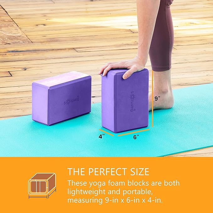 Sol Living Yoga Blocks 2 Pack High Density EVA Foam Yoga Cushion Stretching Pilates Meditation Exercise Equipment Support Deepen Poses Odor Free Non Slip Yoga Accessories - 4" x 6" x 9"- Purple