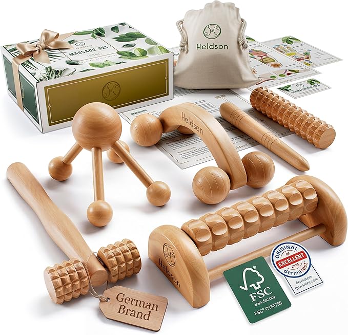 HELDSON® Wooden Therapy Massage Tools [6 Pieces] - Wood Rollers for Body Sculpting - Lymphatic Drainage Massager - Cellulite Tool - Maderoterapia Kit - Back Rolling Stick - Wellness Gifts Women, Men