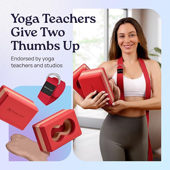 Deep-Zen® Yoga Blocks Wrist Support; Yoga Blocks 2 Pack with Knee Pads and Strap to Put Less Weight on Wrists; Durable, Versatile Yoga Brick Exercise Block Set, Blocks Yoga