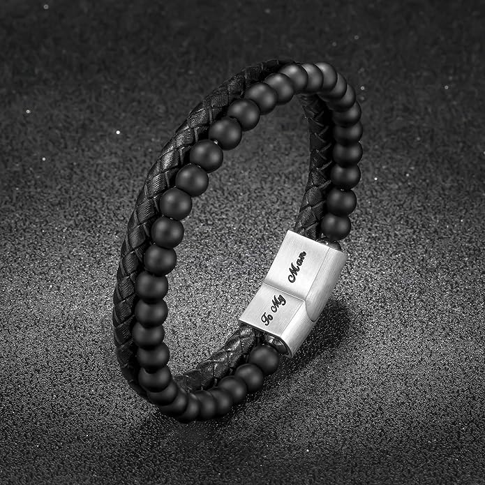 LUXEJEW Gifts for Men - Beaded Leather Bracelet 6mm Matte Agate Stone Bracelets for Men Dad Son Husband Boyfriend Grandpa Grandson Brother Uncle Nephew Adjustable Magnetic Clasp