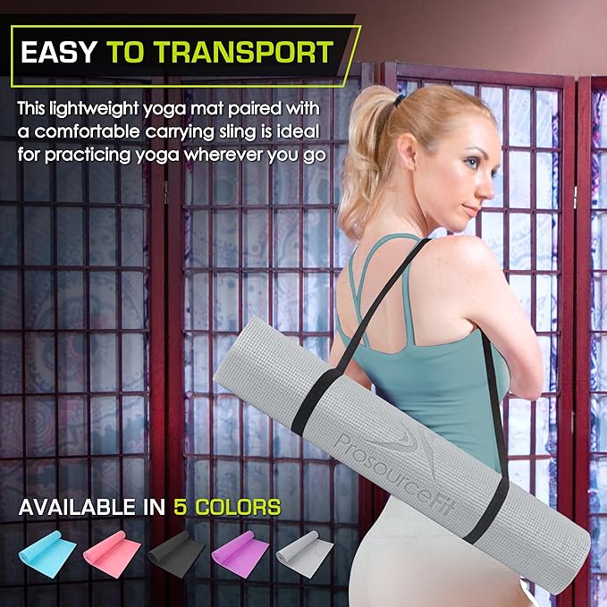 ProsourceFit Original Yoga Exercise Mat ¼” (6mm) Thick for Comfort and Stability with Carrying Straps, Non Slip –Multiple Colors
