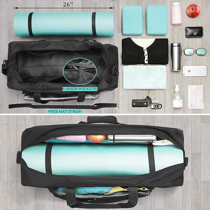 Yoga Mat Bag Carrier with 8-Pocket & Wet Pocket, Air Vent | Large Yoga Mat Holder Fits Thick Mats & Blocks | Gym Duffle Bag for Women & Men