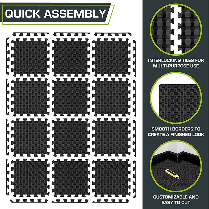 ProsourceFit Exercise Puzzle Mat ½-inch, Checkered EVA Foam Floor Tiles w/ Non-Slip Texture, Gym Mats w/ Interlocking Flooring for Adjustable Surface, Shock Absorbing, Black, 12 SQ FT - 12 Pieces