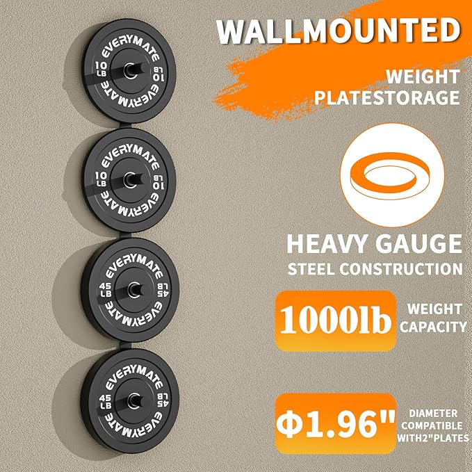 EVERYMATE Weight Plate Storage Rack, Olympic Weight Plate Holder, Bumper Plate Storage, Home Gym Organizer