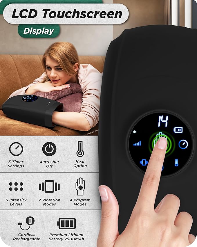 Lunix LX7 FSA LCD Touchscreen Hand Massager, Heated Air Compression, for Arthritis & Carpal Tunnel Relief, Finger Numbness & Wrist Pain Relief, Cordless Rechargeable, Charcoal Black