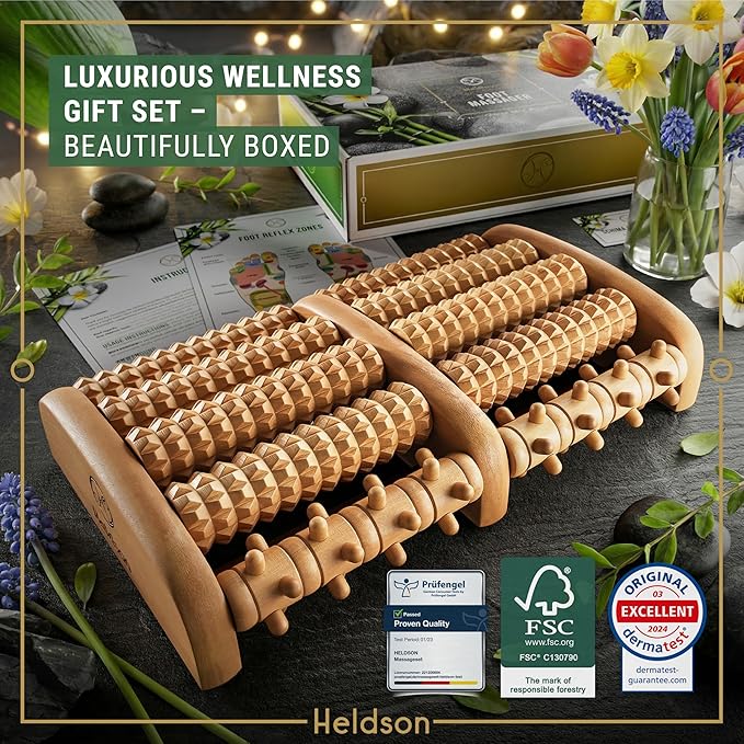 HELDSON® Foot Massager Roller Plantar Fasciitis Pain Relief - Wooden Under Desk Feet Massage - Dual Manual Heel Massagers - Wood Rolling Acupressure Tool with Reflexology Guide - Gift for Men, Women