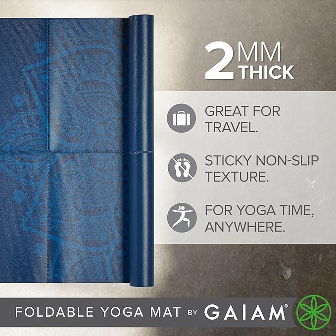 Gaiam Yoga Mat - Folding Travel Fitness & Exercise Mat - Foldable Yoga Mat for All Types of Yoga, Pilates & Floor Workouts (68"L x 24"W x 2mm Thick)