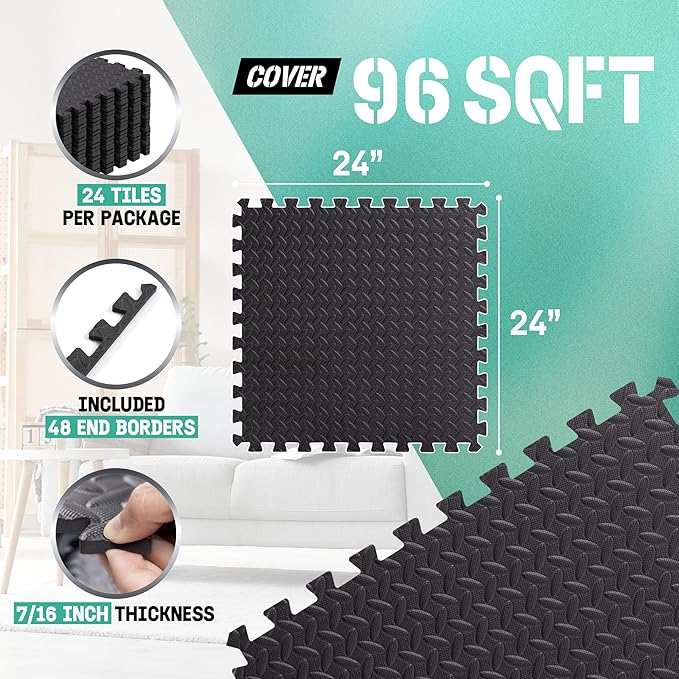Yes4All 24SQFT-120SQFT Puzzle Exercise Mat for Home Gym, EVA Interlocking Foam Floor Tiles with Border for Workout Equipment