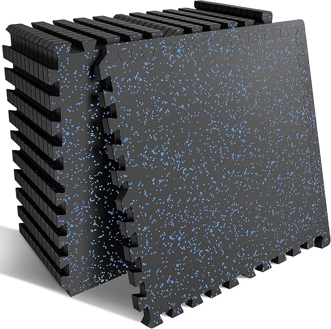 PRAISUN 0.6" Thicker Rubber Top Gym Flooring for Home Gym, 12 Pcs 48 Sq Ft Workout Mats, Exercise Mat, Interlocking Rubber Floor Mats with High Density EVA Foam for Garage, 24 x 24in, Black/Blue