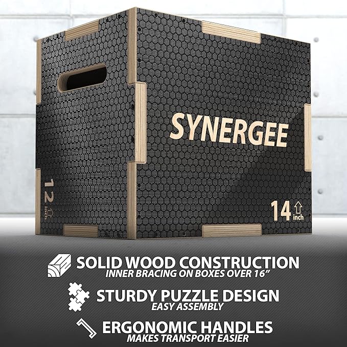 Synergee 3 in 1 Non-Slip Plyometric Box for Jump Training and Conditioning. Wooden Plyo and Soft Plyo Box All In One Jump Trainer. Sizes 20/18/16, 16/14/12