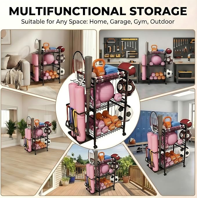 Home Gym Storage Rack, 3-Tier Dumbbell Rack with Ball Holder & Side Basket, Heavy Duty Vertical Workout Equipment Organizer for Yoga Mats, Lockable Wheels