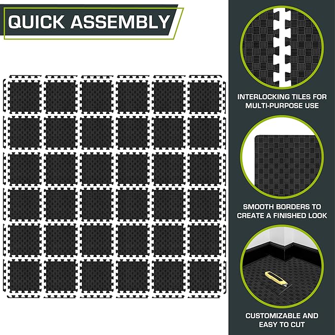 ProsourceFit Exercise Puzzle Mat ½-inch, Checkered EVA Foam Floor Tiles w/ Non-Slip Texture, Gym Mats w/ Interlocking Flooring for Adjustable Surface, Shock Absorbing, Black, 36 SQ FT - 36 Pieces