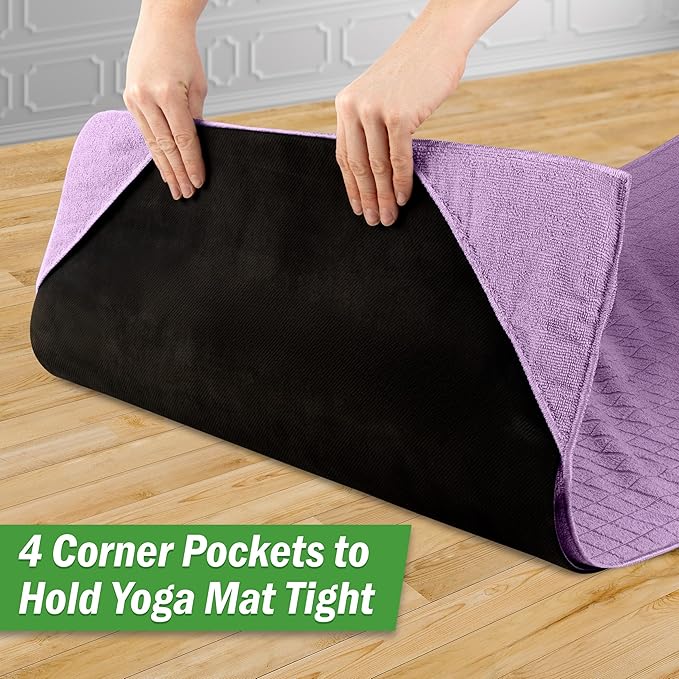 Yoga Mat Towel and Gym Towel Set - 2-Piece Non Slip Set for Hot Yoga, Pilates, and Gym - 72” x 24” Sweat Absorbent and Quick Drying Blanket with Corner Pockets for Mats by Wakeman (Violet)