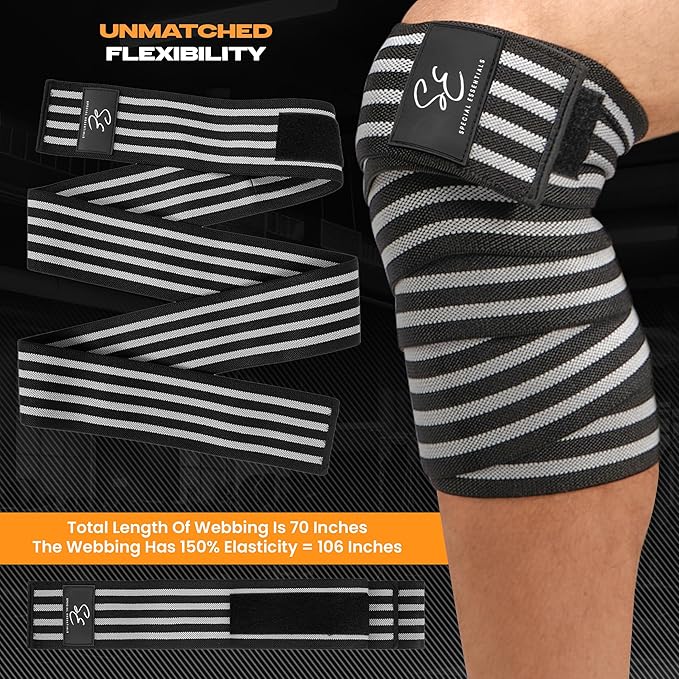 Special Essentials Knee Wraps for Weightlifting with Strap (2 Pack) - 72 Inches Flexible Support for Men & Women, for Powerlifting, Squats, Leg Press, and Cross Training