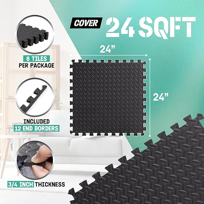 Yes4All 24SQFT-120SQFT Puzzle Exercise Mat for Home Gym, EVA Interlocking Foam Floor Tiles with Border for Workout Equipment