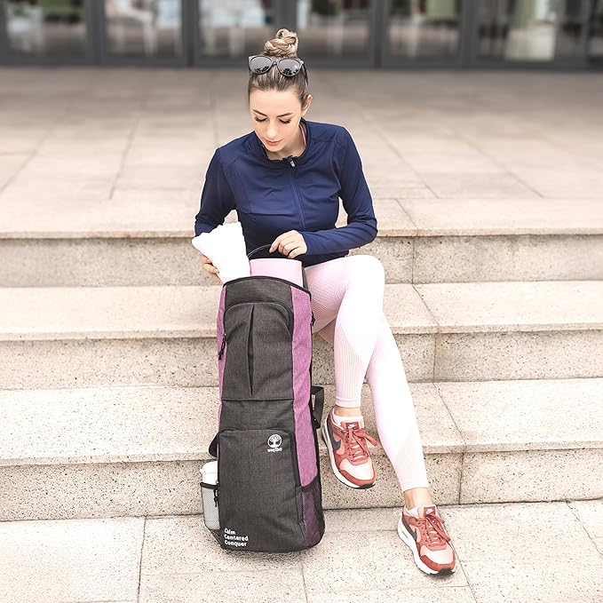 Yoga Mat Bag Carrier - Large Pockets & Water Bottle Holders. Yoga Backpack Fits 0.5" Thick x 26" Wide Mats. Hands-Free, Left-Right Switchable, Yoga, Gym, Cycling