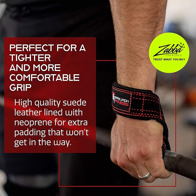Dark Iron Fitness Wrist Straps for Weightlifting, Heavy Duty Gripping Suede Leather Bands for Men & Women, Support Wraps Gloves Alternative for Power Lifting Weight Strength Training Workouts