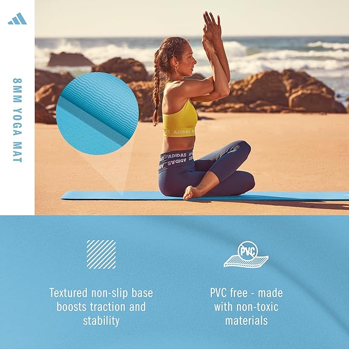 adidas Yoga Mat - Eco Friendly - Non Slip, Durable Textured Surface, 8mm