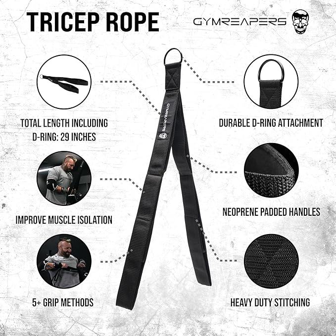 Gymreapers Tricep Rope Cable Attachment - Multi-Workout Tricep Pull Down Cable Attachment - Perfect Gym Cable attachments (3 Lengths Built in One)