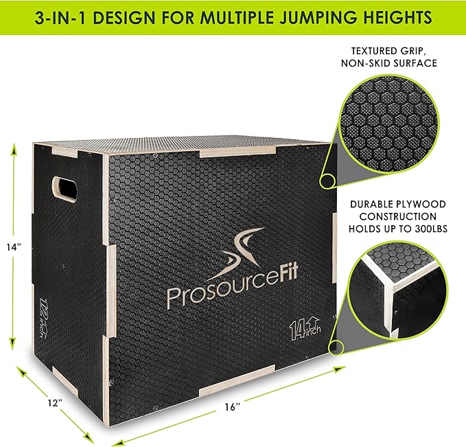 ProsourceFit 3-in-1 Wood Plyometric Jump Box For Cross Conditioning, Agility, Vertical Jump Training & Plyo Workouts