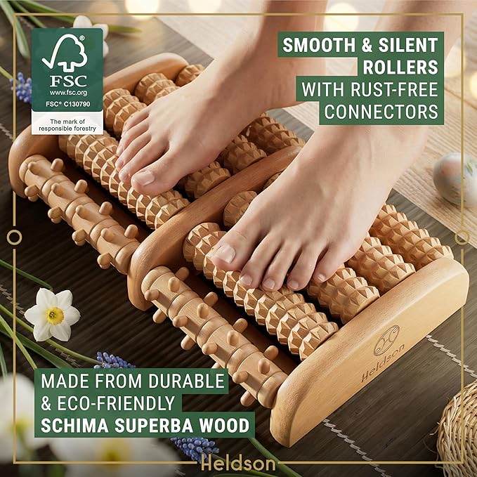 HELDSON® Foot Massager Roller Plantar Fasciitis Pain Relief - Wooden Under Desk Feet Massage - Dual Manual Heel Massagers - Wood Rolling Acupressure Tool with Reflexology Guide - Gift for Men, Women