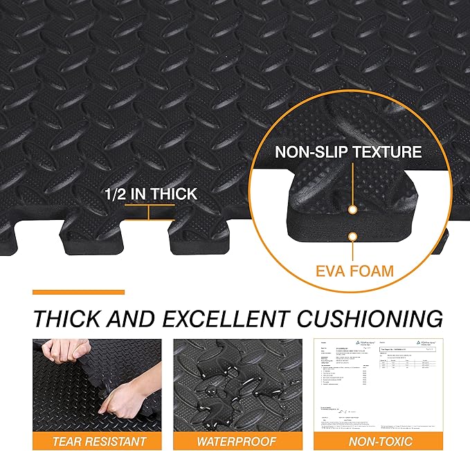 Mat Block APM36001BK Torin Interlocking Foam Exercise Floor Mats: 144 SQ FT, 1/2 inch, 36 Tiles, EVA Gym Mat Flooring, Exercise Equipment Mat for Home Gym Equipment, Black