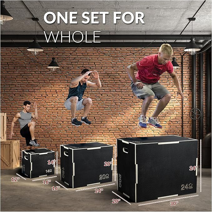 Fitvids 3 in 1 Non-Slip Wooden Plyo Box Jump Exercise Platform, Plyometric Workout Equipment for Home Gym, Training Step Box, Black, Multiple Sizes