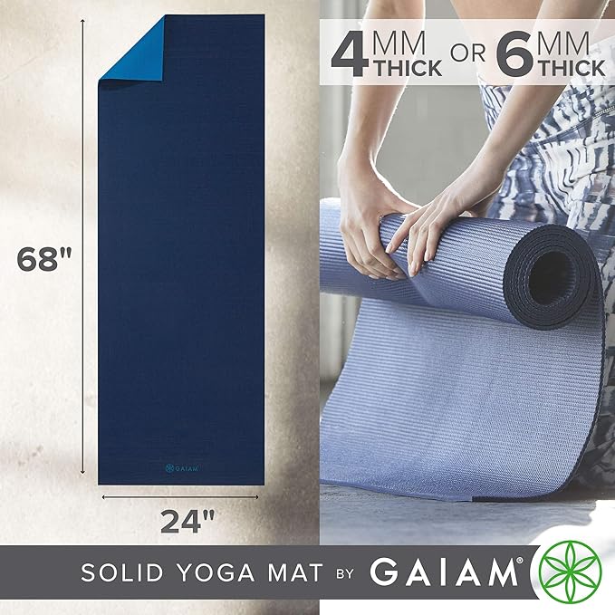 Gaiam Solid Color Yoga Mat, Non Slip Exercise & Fitness Mat for All Types of Yoga, Pilates & Floor Exercises