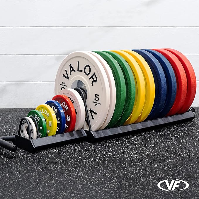 Valor Fitness Portable Bumper Plate Storage Rack – Horizontal Floor Storage with Wheels up to 16 Plates - Home Gym Organization