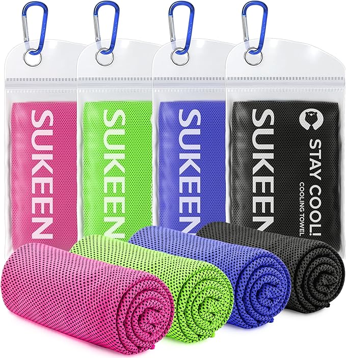 Sukeen 4 Pack Cooling Towels (40"x 12"), Cool Towels for Neck, Sport Sweat Rag for Gym, Cooling Rag, Cooling Towel for Yoga, Golf, Camping, Running, Workout, Camping, Fitness