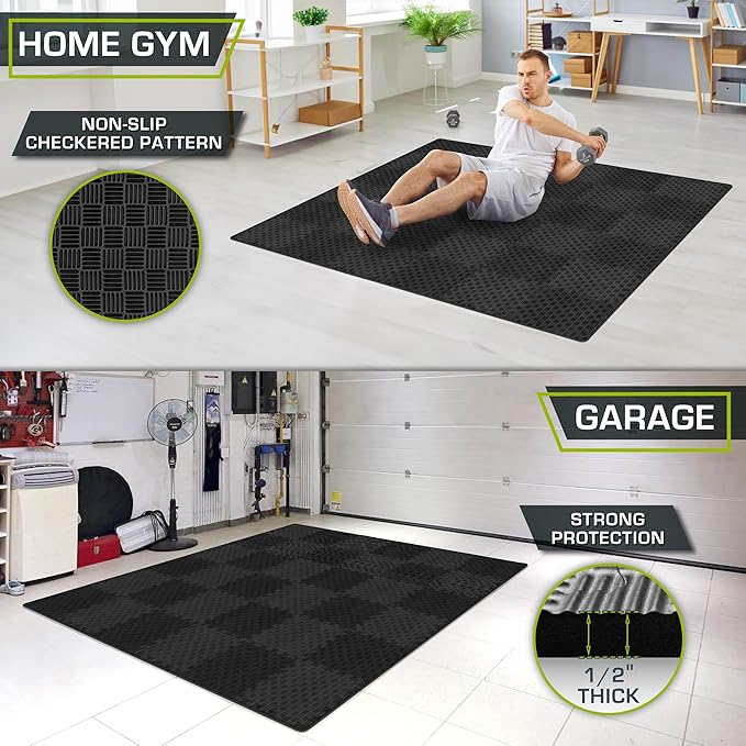 ProsourceFit Exercise Puzzle Mat ½-inch, Checkered EVA Foam Floor Tiles w/ Non-Slip Texture, Gym Mats w/ Interlocking Flooring for Adjustable Surface, Shock Absorbing, Black, 36 SQ FT - 36 Pieces