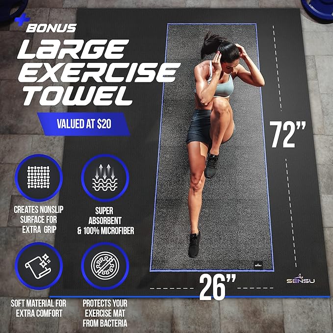 Sensu Large Exercise Mat – Extra Thick Non-Slip Workout Mat for Home Gym, Durable Shoe-Friendly Fitness Mat for Strength Training, Stretching, Cardio, and Balance Workouts (Multiple Sizes)