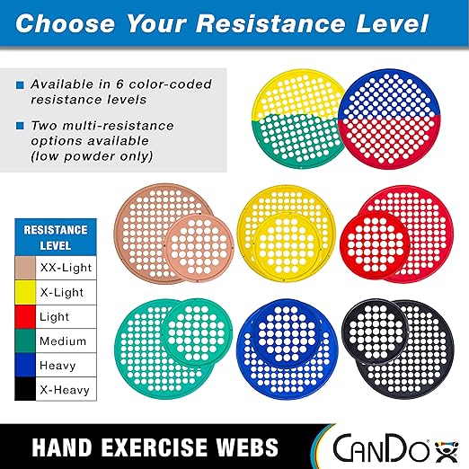 CanDo Hand Exercise Webs for Physical Therapy, Grip Strengthening, and Hand, Finger, Wrist Resistance Workouts, Portable Size, Low Powder, 14" Diameter, Multi-Resistance: Light/Heavy